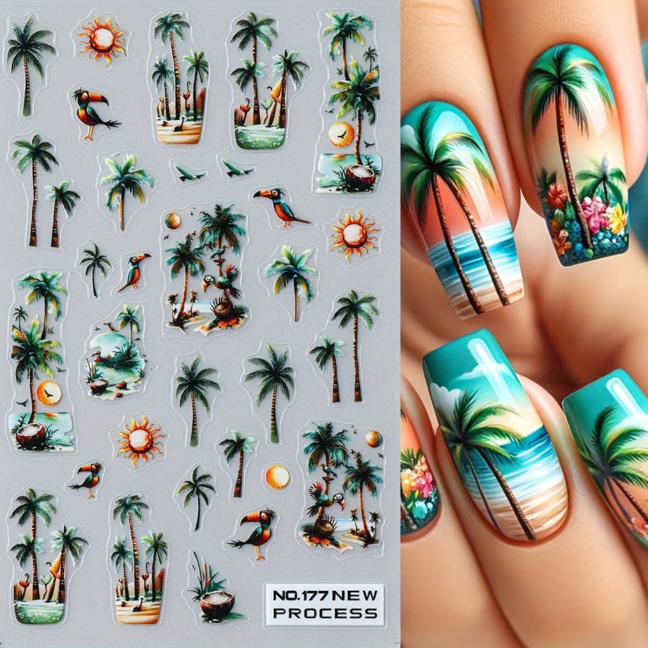 FULL BEAUTY Tropical Nail Art Stickers Decals - 2 Pcs 3D Self-Adhesive Palm Tree, Flamingo & Hibiscus Flower Designs, Glitter Finish Fantasy Embellishments for Manicure, Hypoallergenic Plastic Nail Sliders with Coconut Tree Patterns for Plastic Surfaces