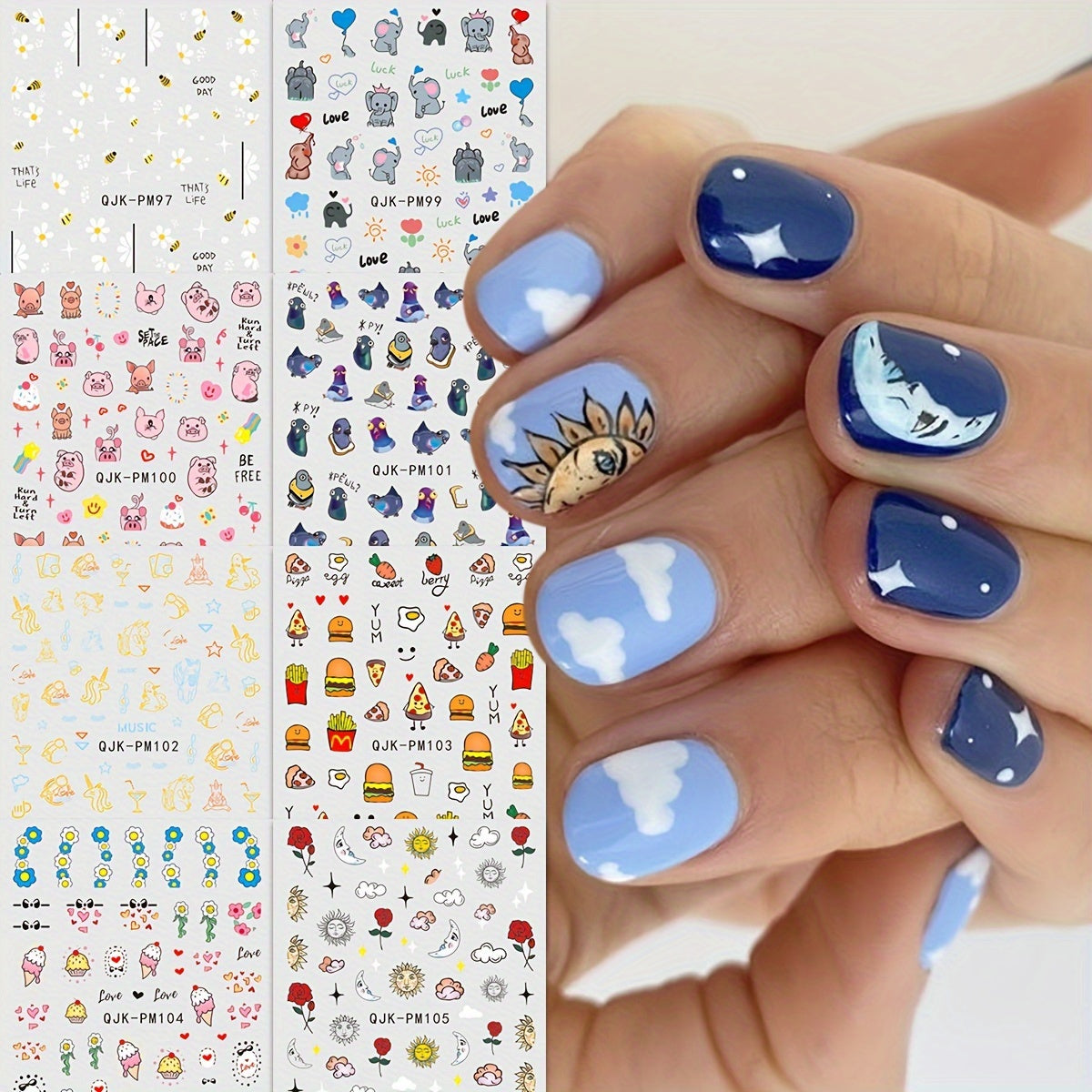 8pcs Adorable Cartoon Animal Nail Art Stickers - 3D Self-Adhesive Decals for Acrylic Nails, Sparkle Finish, Easy Apply & Remove - Perfect for Women and Girls, Nail Stickers