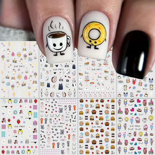 8 Sheet Cute Cartoon Design Nail Art Stickers, Self Adhesive Nail Art Decals For Nail Art Decoration, Nail Art Supplies For Women And Girls