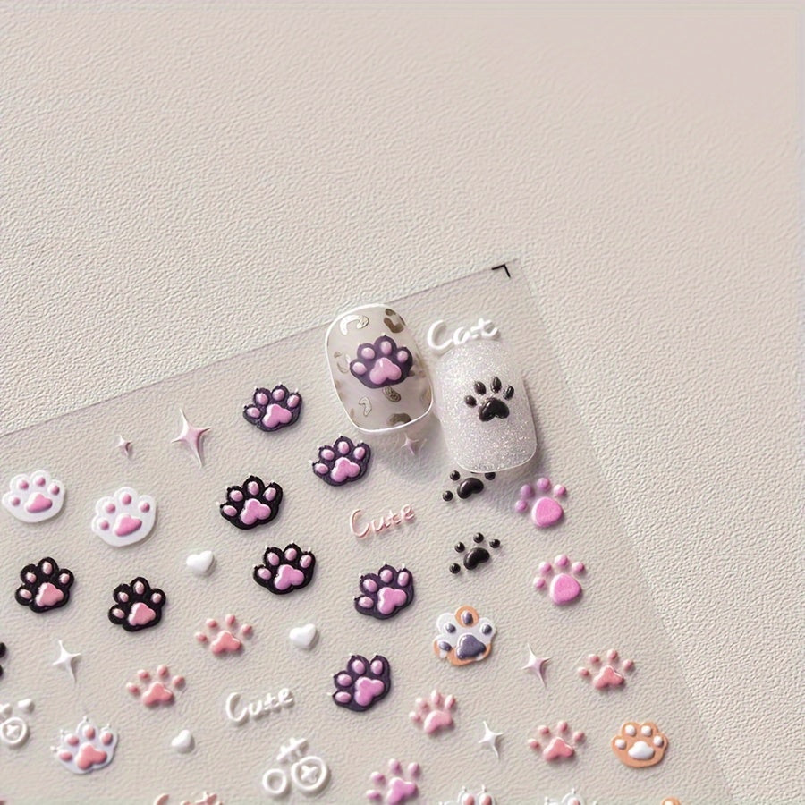 Cute Cat Paw Nail Art Stickers, Cartoon Animal 5D Embossed PVC Decals, Self-Adhesive for Manicure Salon and DIY Nail Supplies, Glossy Finish, Single Use Embroidery-Style Appliques with Irregular Shapes - Suited for Women's Nail Decor