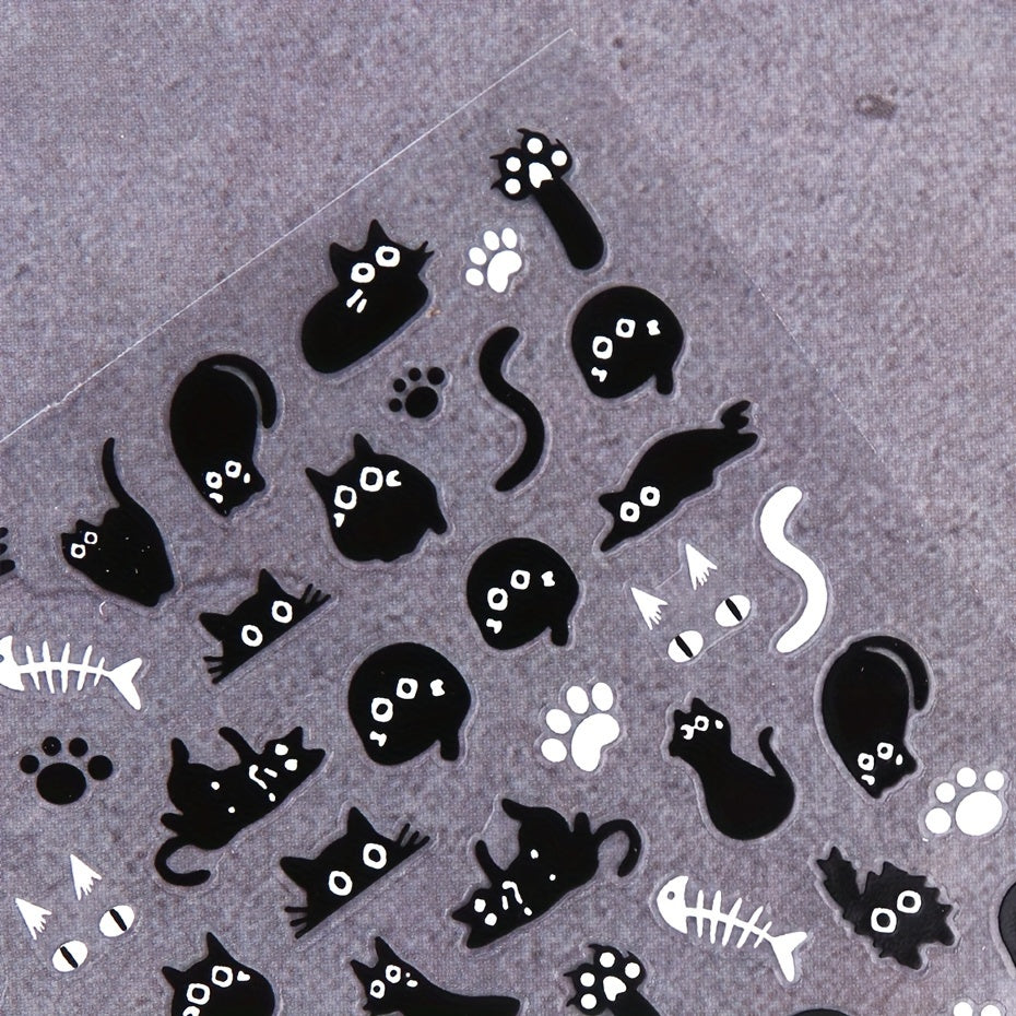 2pcs Cute Black Cat & Fishbone Nail Art Stickers - 5D Embossed, Self-Adhesive Decals with Sparkle Finish for DIY Manicure, Perfect for Women and Girls, DIY Nail Art | Playful Nail Stickers | Glossy Finish, Nail Stickers for Nails