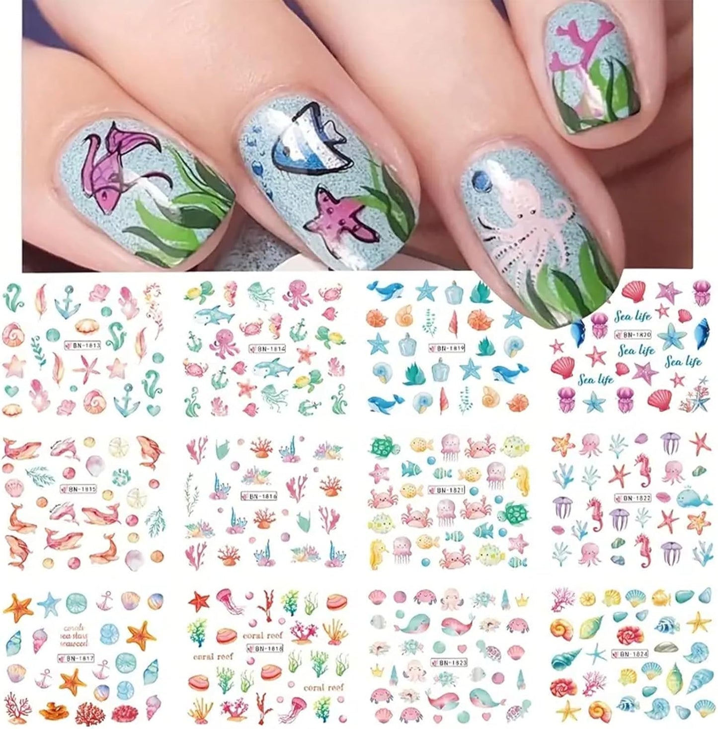 Nail Art Stickers, 12 Sheets Cute Milk Cartoon Water Transfe