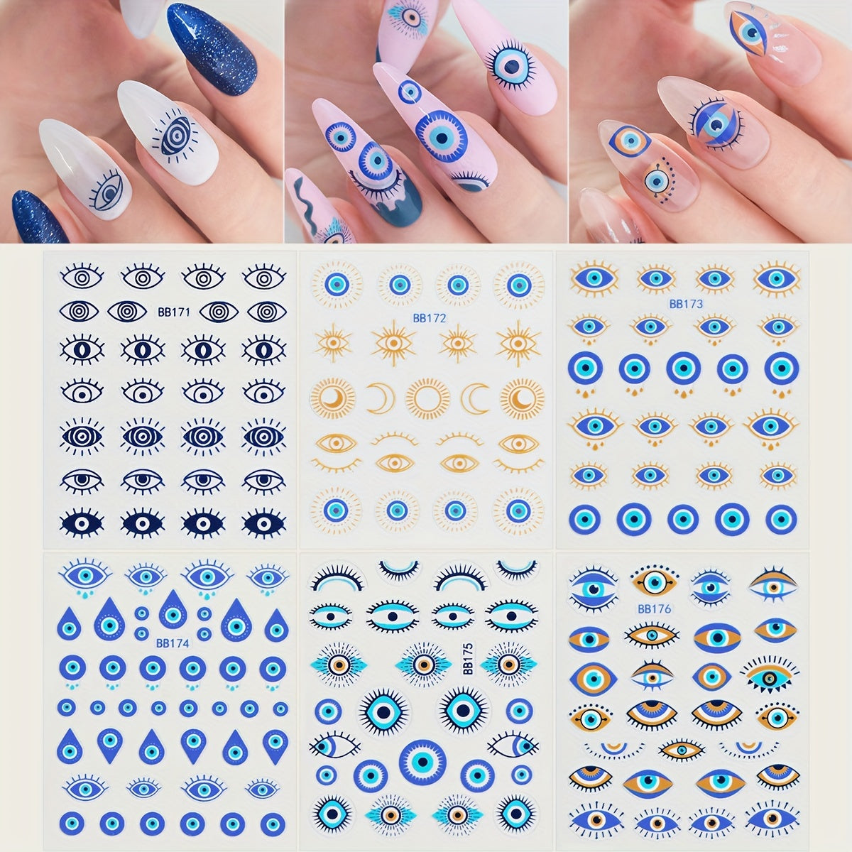 6pcs Cartoon Evil Eye Nail Art Stickers, Self-Adhesive Irregular Shapes, Glossy Surface for Nail Embellishment, DIY Nail Art Decals