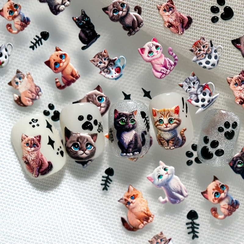 1 set of relief big eyed pet cat nail art stickers, blue cat, big eyed cat head, teacup cat, black cat, cat scratch, fish bone and other nail art materials, suitable for personal DIY use