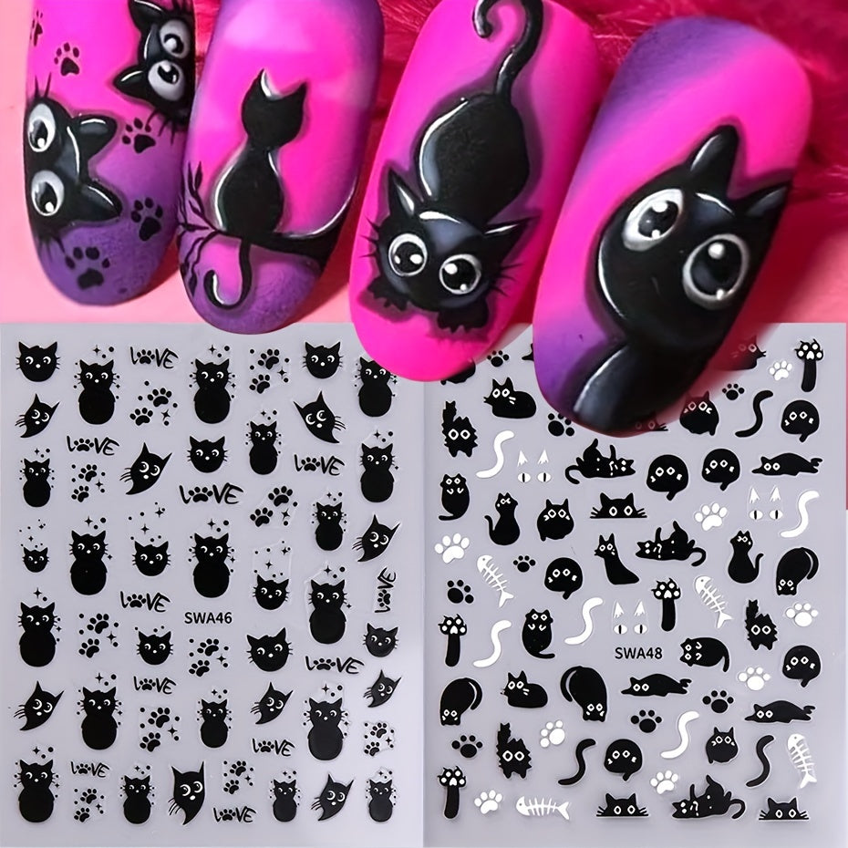 2pcs Cute Black Cat & Fishbone Nail Art Stickers - 5D Embossed, Self-Adhesive Decals with Sparkle Finish for DIY Manicure, Perfect for Women and Girls, DIY Nail Art | Playful Nail Stickers | Glossy Finish, Nail Stickers for Nails