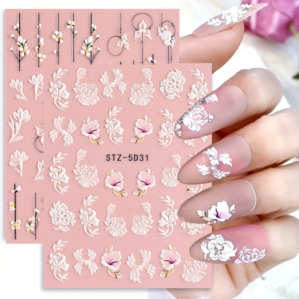 4 Pack 5D Embossed Flower Nail Art Decals, Vinyl Self-Adhesive Rose Appliques for Nails, 3D Acrylic Floral Manicure Embellishments, Glossy Plant Themed Nail Embroidery Decor, Formaldehyde-Free