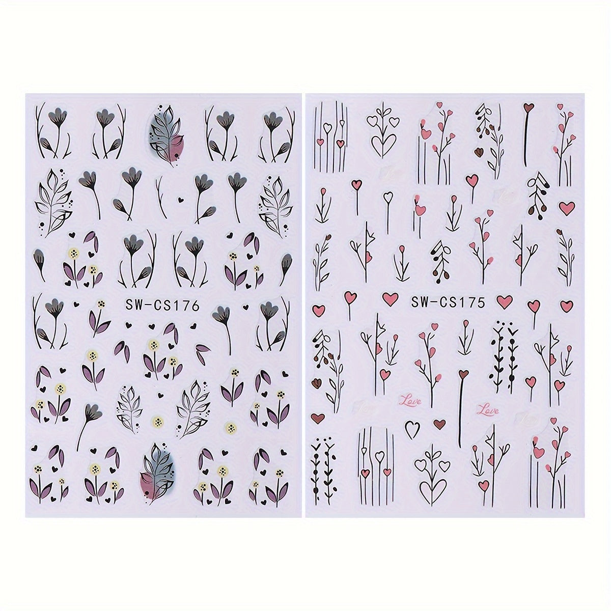 Floral Nail Art Stickers Decals Set of 2 Sheets, Fantasy Flowers Self-Adhesive Nail Embellishments, Glossy Finish, Unscented Plastic with Embroidered Accent, Single Use - SW-CS173/174/175/176