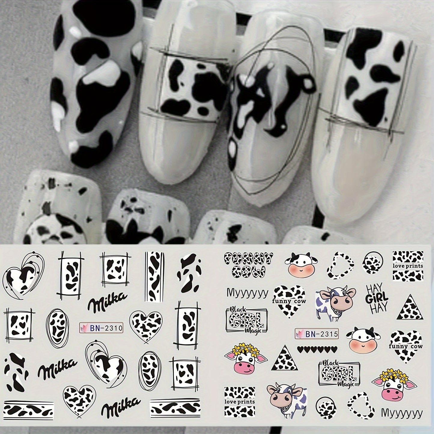 12pcs Adorable Cow Print Nail Art Stickers - Reusable, Sparkle Finish for DIY Manicure & Pedicure Decor