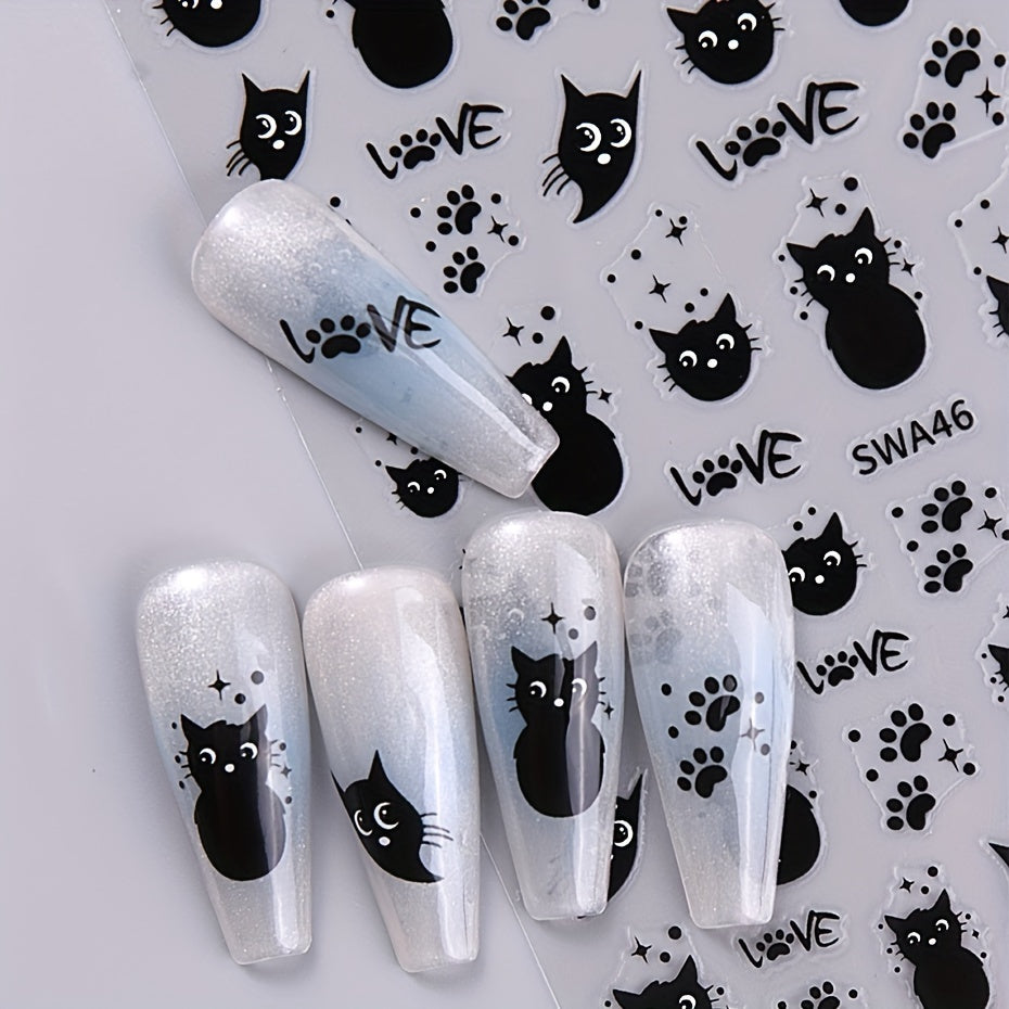 2pcs Cute Black Cat & Fishbone Nail Art Stickers - 5D Embossed, Self-Adhesive Decals with Sparkle Finish for DIY Manicure, Perfect for Women and Girls, DIY Nail Art | Playful Nail Stickers | Glossy Finish, Nail Stickers for Nails