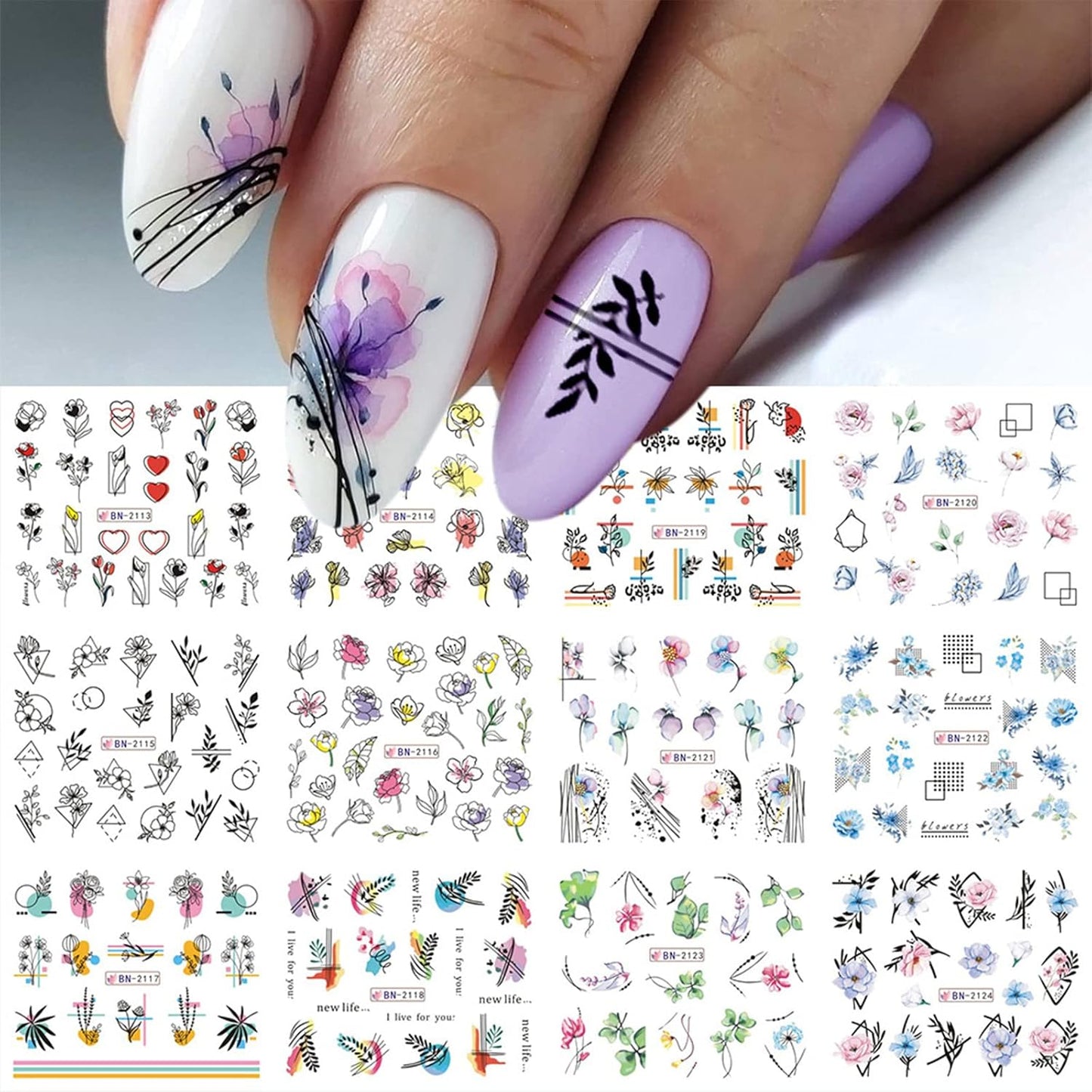 Nail Art Stickers, 12 Sheets Cute Milk Cartoon Water Transfe