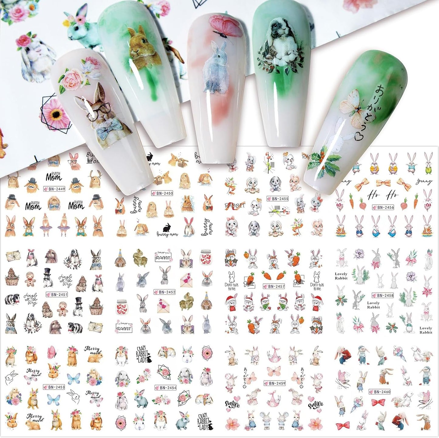 Nail Art Stickers, 12 Sheets Cute Milk Cartoon Water Transfe