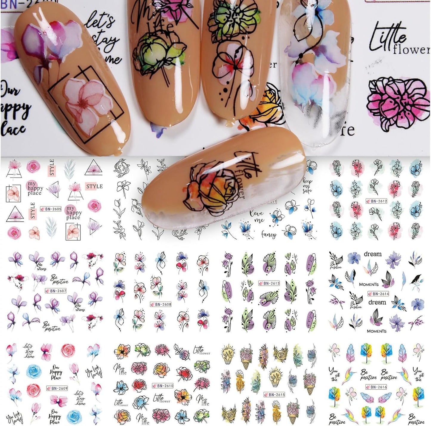 Nail Art Stickers, 12 Sheets Cute Milk Cartoon Water Transfe