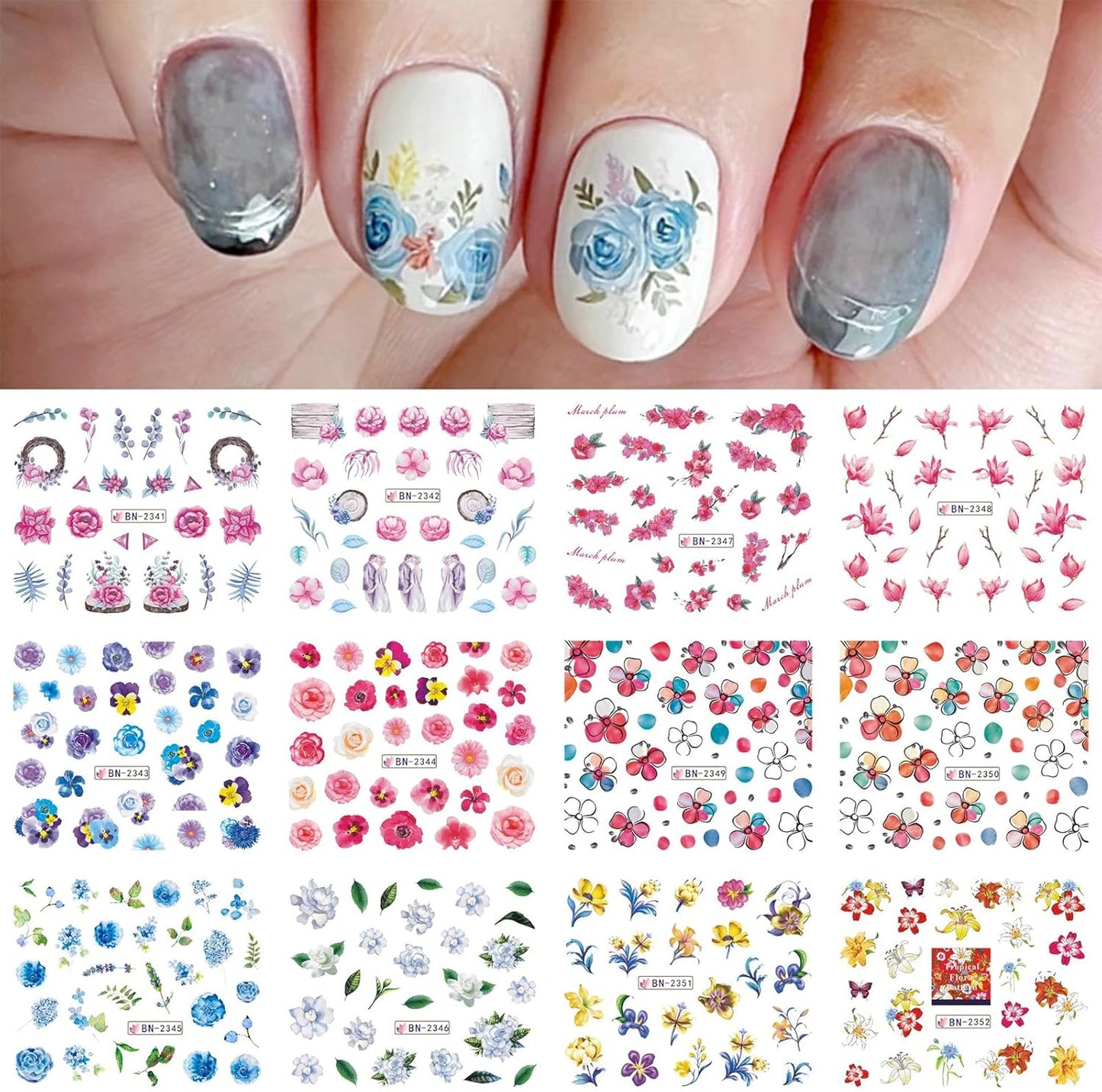 Nail Art Stickers, 12 Sheets Cute Milk Cartoon Water Transfe