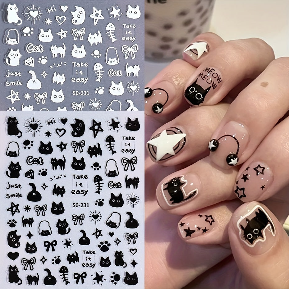 [Popular Choice] 2 Sheets Cute Cat Pattern Design Nail Art Stickers, Self-Adhesive Heart Star Nail Art Decals, DIY Nail Decorations, Nail Supplies for Women And Girls