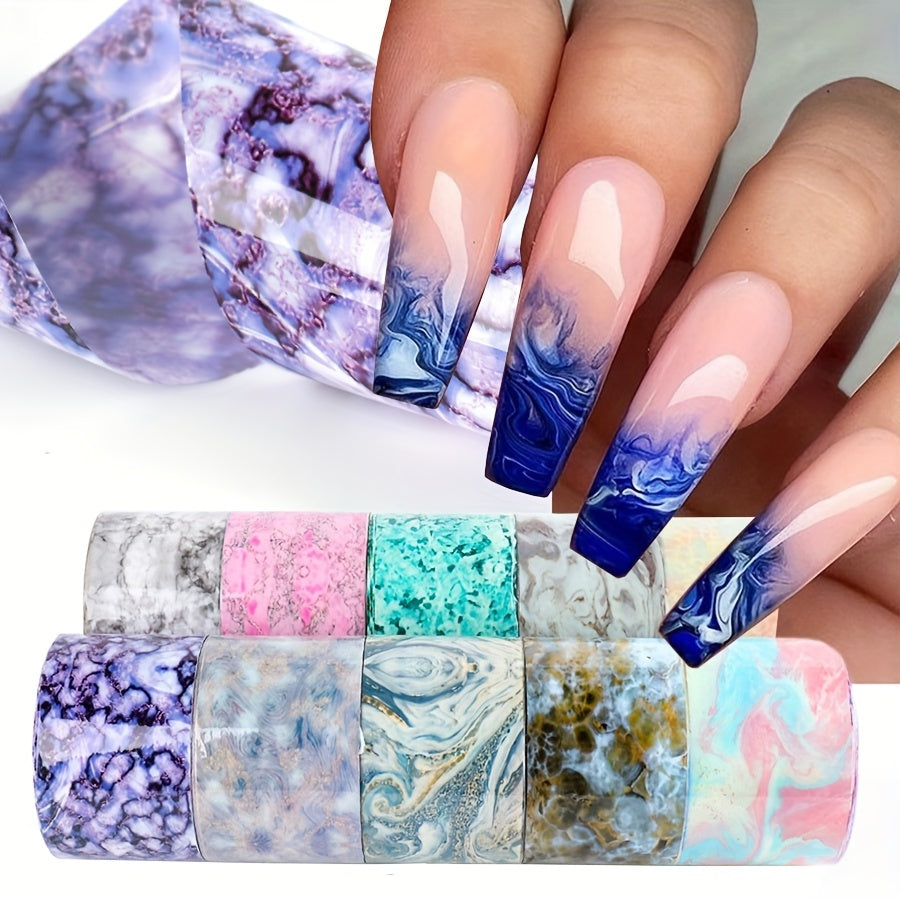 Cosmic Charm, Marble & Starry Sky Holographic Nail Foil Transfer Stickers - 10 Sheets, Easy Apply Vinyl Decals for Stunning Nail Art