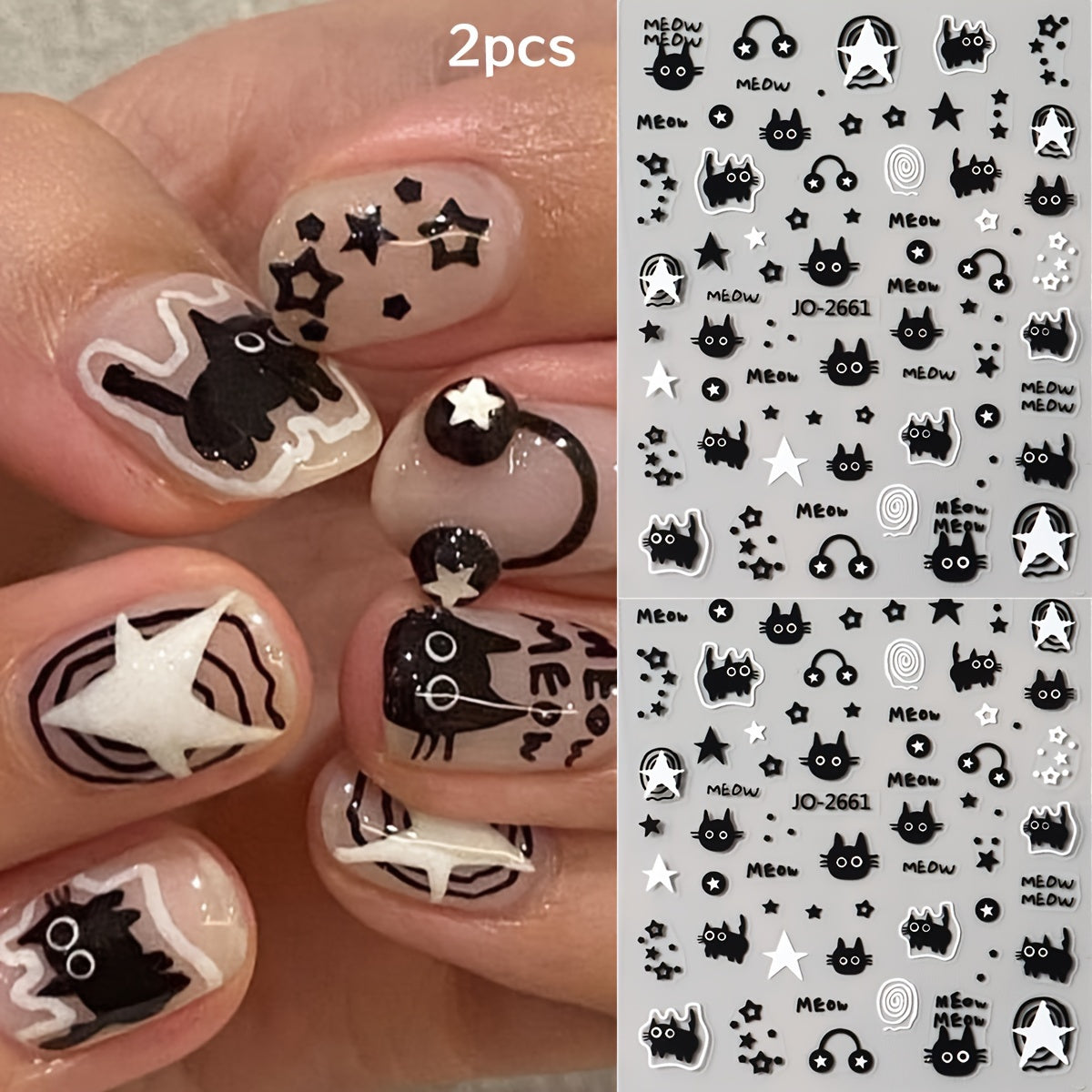 Music Black Cat Star Cartoon Cute Dog Nail Art Stickers, Black White Graffiti Animal Nail Decals DIY Nail Supplies Charms Decorations