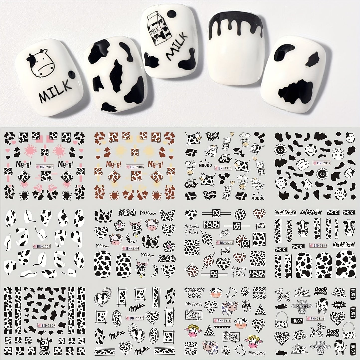 12pcs Adorable Cow Print Nail Art Stickers - Reusable, Sparkle Finish for DIY Manicure & Pedicure Decor