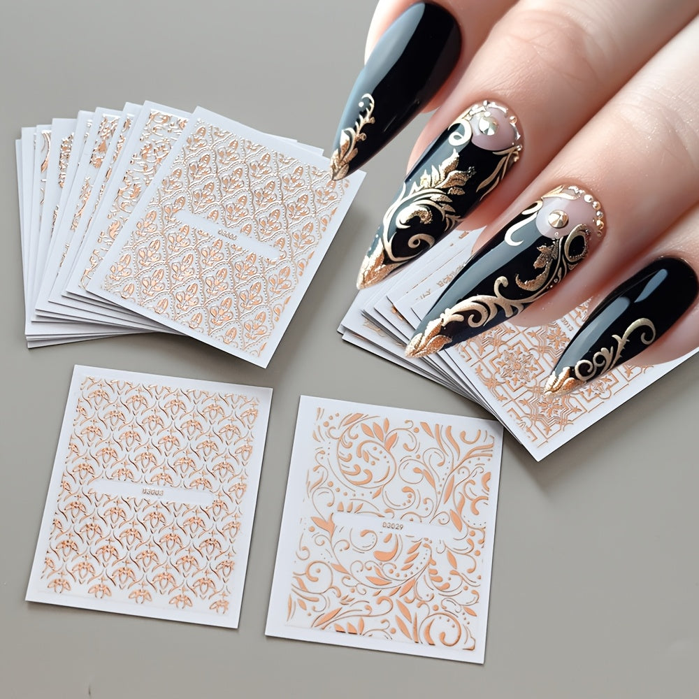 30 Sheets European Style Flower Embossed 3D Nail Art Stickers & Decals, Self-Adhesive Lace Foral Vine Relief Design Nail Art Stickers, Irregular Geometric Shapes Glitter Embellishment, Spring and Summer Flower Nail Art Decorations for Women And Girls