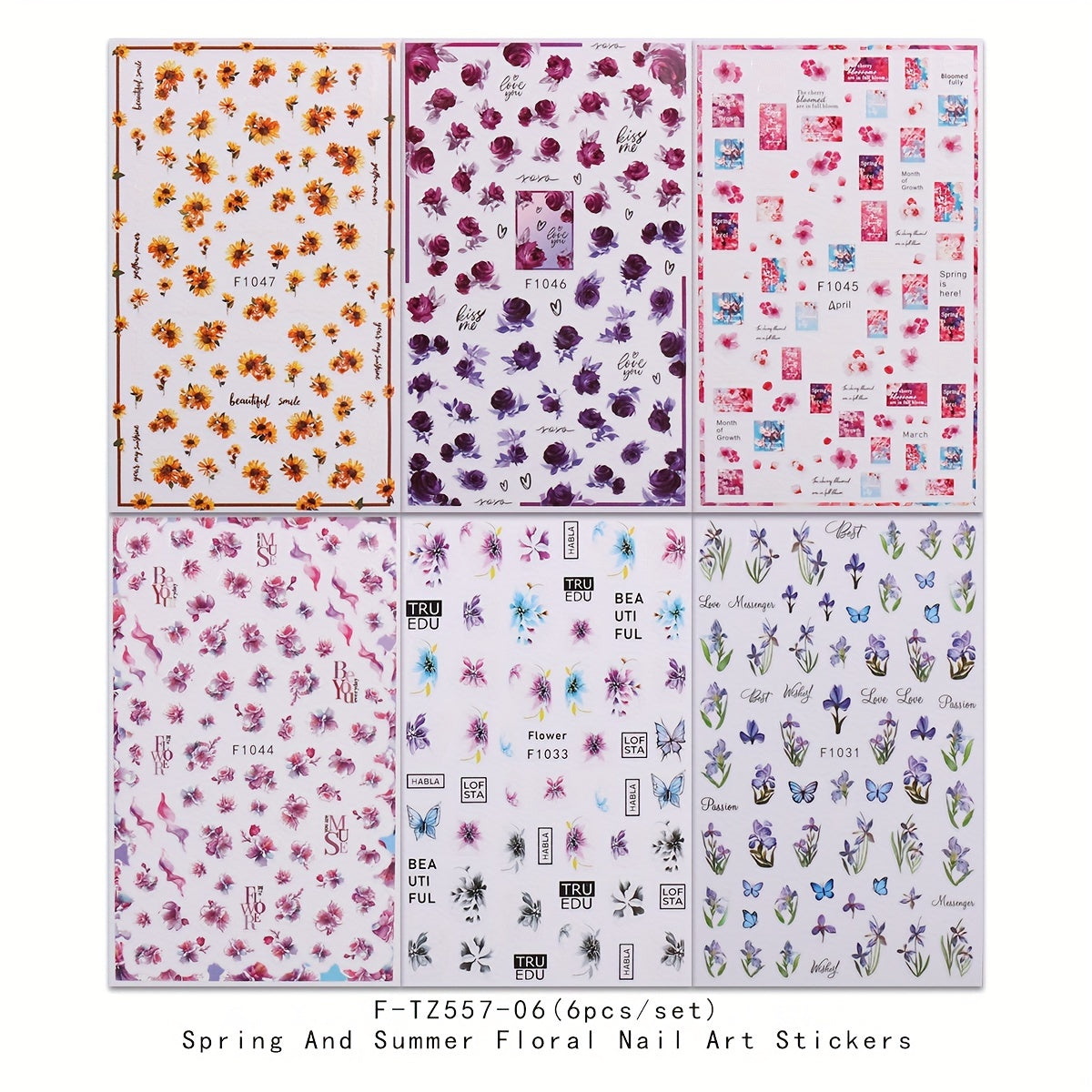 6 Sheets Spring and summer flower nail art stickers self-adhesive decorative tools, flower and butterfly nail art decorative accessories