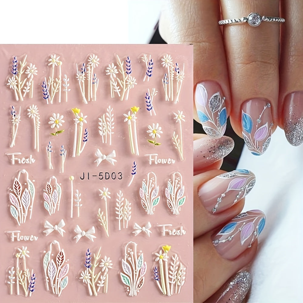 3 Sheets 5D Flower Nail Art Stickers Nail Stickers Acrylic Embossed Engraved Nail Decals Nail Art Supplies Pink White Floral Leaf Cherry Blossom Adhesive Sliders Manicure Spring Nail Art Decorations For Women Easter