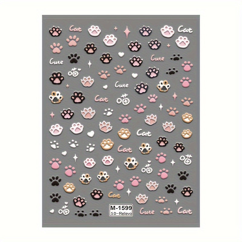 Cute Cat Paw Nail Art Stickers, Cartoon Animal 5D Embossed PVC Decals, Self-Adhesive for Manicure Salon and DIY Nail Supplies, Glossy Finish, Single Use Embroidery-Style Appliques with Irregular Shapes - Suited for Women's Nail Decor