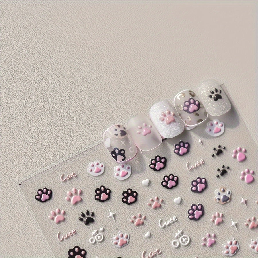 Cute Cat Paw Nail Art Stickers, Cartoon Animal 5D Embossed PVC Decals, Self-Adhesive for Manicure Salon and DIY Nail Supplies, Glossy Finish, Single Use Embroidery-Style Appliques with Irregular Shapes - Suited for Women's Nail Decor