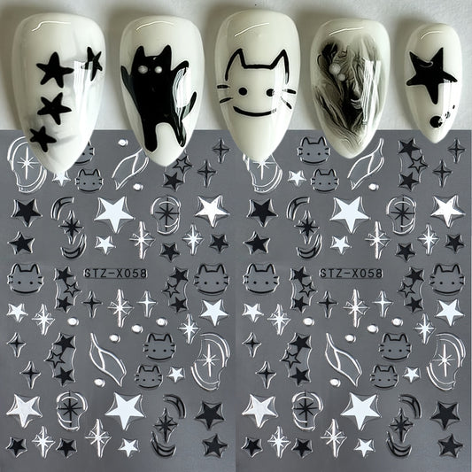 1 Set Y2K-Inspired Cartoon Cat & Star Nail Art Stickers - Black & White Japanese Style Starburst Decals, Self-Adhesive Plastic Nail Charms, Shimmery Glitter Finish, Single Use Fantasy Themed Nail Decorations with Animal Print