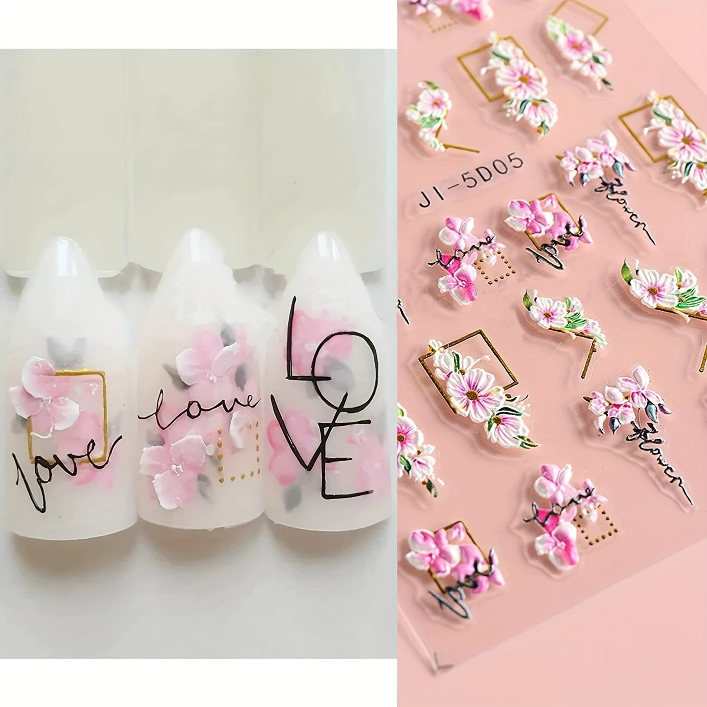 3 Sheets 5D Flower Nail Art Stickers Nail Stickers Acrylic Embossed Engraved Nail Decals Nail Art Supplies Pink White Floral Leaf Cherry Blossom Adhesive Sliders Manicure Spring Nail Art Decorations For Women Easter