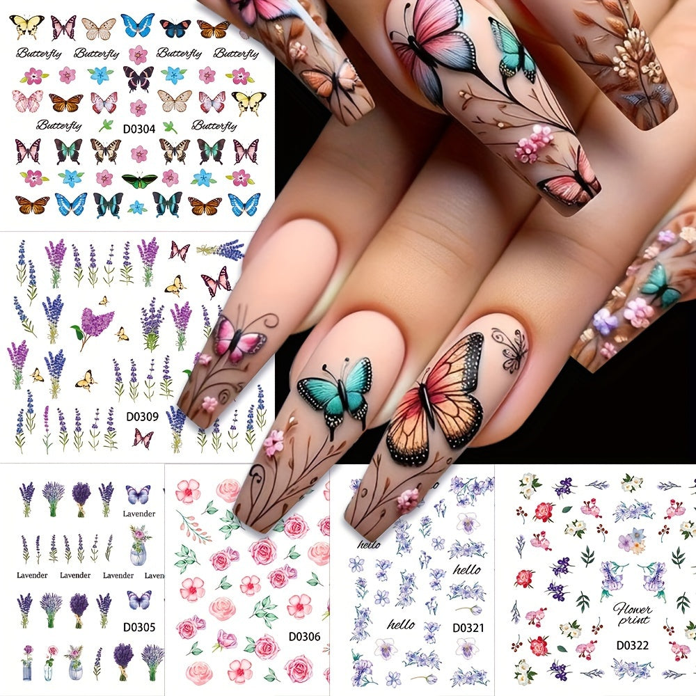 30 Sheets/Set Fashion 3D Flower Nail Stickers Set, Colorful Daisy Flower, Sunflower, Butterfly Design, Self-Adhesive, Sparkle Finish Decals for DIY Manicure