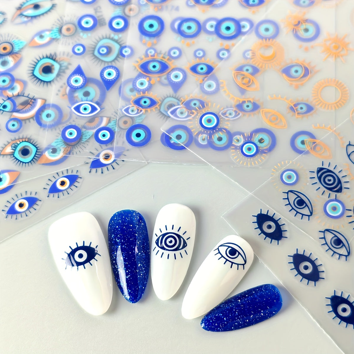 6pcs Cartoon Evil Eye Nail Art Stickers, Self-Adhesive Irregular Shapes, Glossy Surface for Nail Embellishment, DIY Nail Art Decals