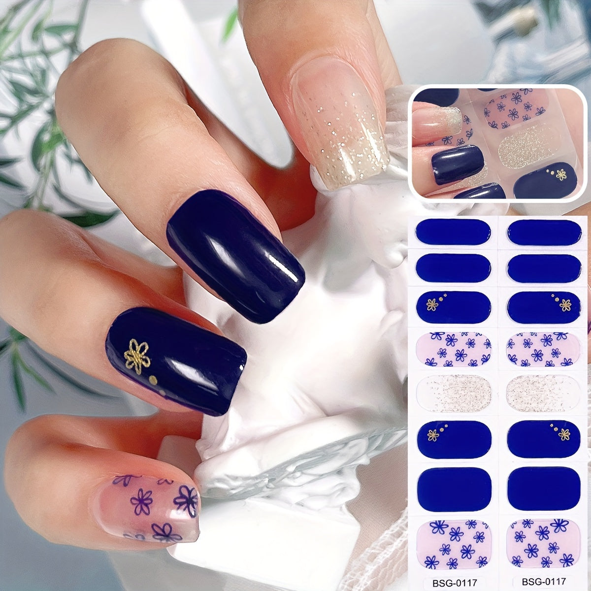 80pcs Spring & Summer Gel Nail Stickers - Blue & Yellow Floral Gradient Designs, Full Coverage Self-Adhesive Nail Wraps, Alcohol-Free, Easy to Apply, Disposable Manicure Decals with Snowflakes, Stars & Geometric Patterns, Nail Art Stickers