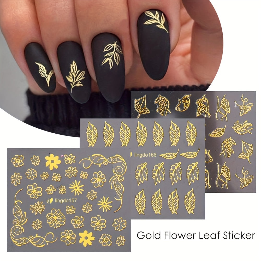 Golden Line 30 Sheets Golden Flowers Nail Stickers - Self-Adhesive Nail Art Decoration - Flower Line Acrylic Nail Designs DIY Manicure Decoration