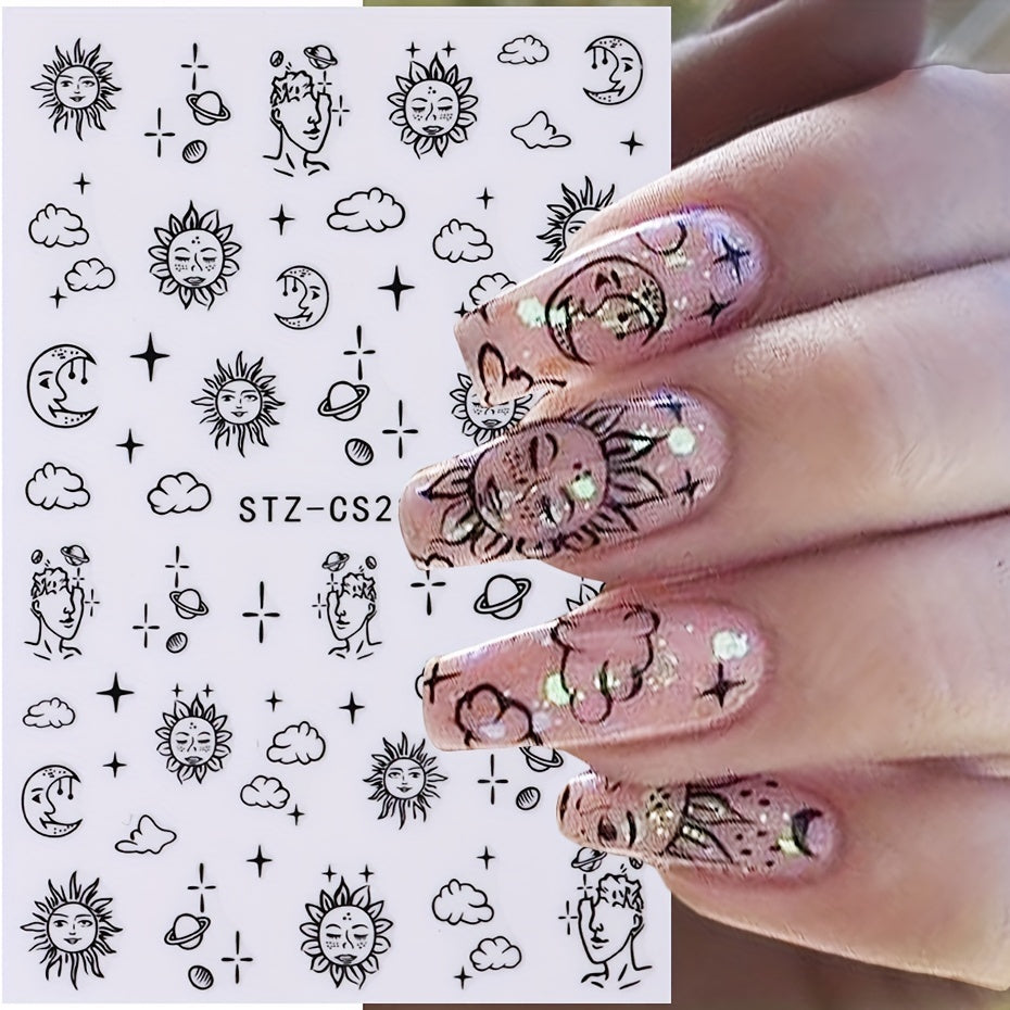 FULL BEAUTY Cartoon Animal Nail Art Stickers - Kawaii Dinosaur & Japanese Style Sun Face Decals, Maple Leaf Manicure Decor, Hypoallergenic Plastic Self-Adhesive Embroidered Single Use Embellishments with Shimmery Finish for Plastic Surfaces