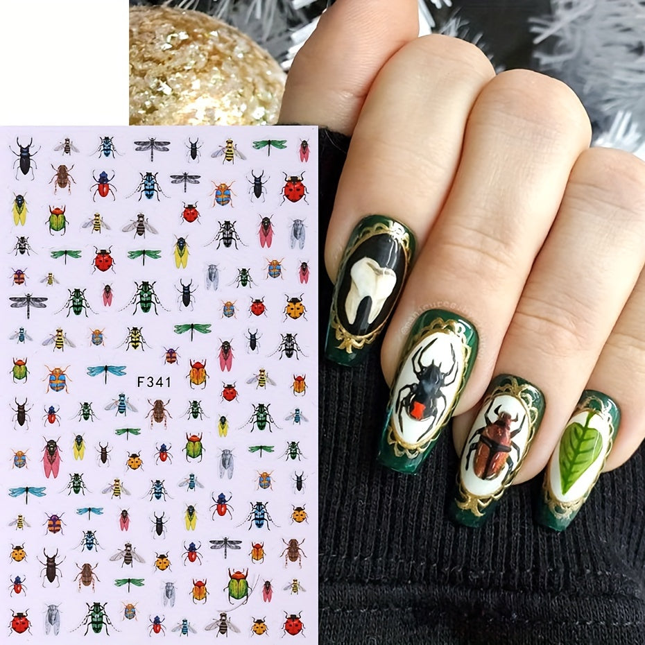 Insect-Themed Nail Art Decals, Set of 2 Sheets, Animal Print Pattern, Plastic Self-Adhesive Embellishments with Glitter, Glossy Finish, Single Use, for Plastic Surfaces, F341