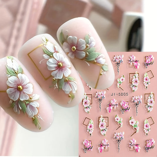 3 Sheets 5D Flower Nail Art Stickers Nail Stickers Acrylic Embossed Engraved Nail Decals Nail Art Supplies Pink White Floral Leaf Cherry Blossom Adhesive Sliders Manicure Spring Nail Art Decorations For Women Easter