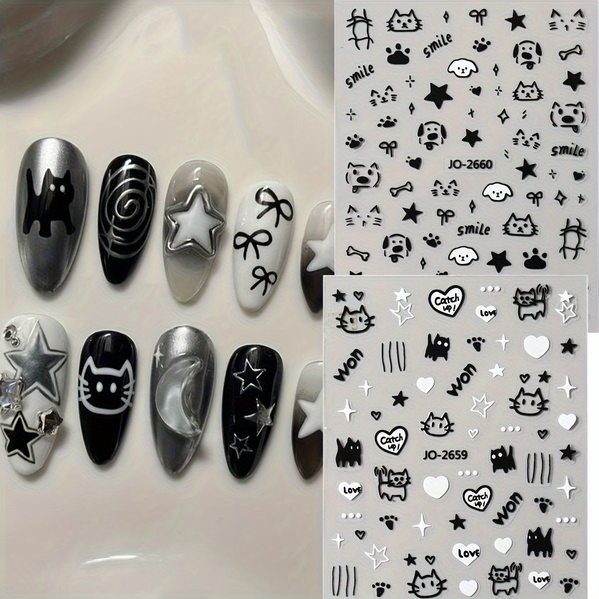 Music Black Cat Star Cartoon Cute Dog Nail Art Stickers, Black White Graffiti Animal Nail Decals DIY Nail Supplies Charms Decorations