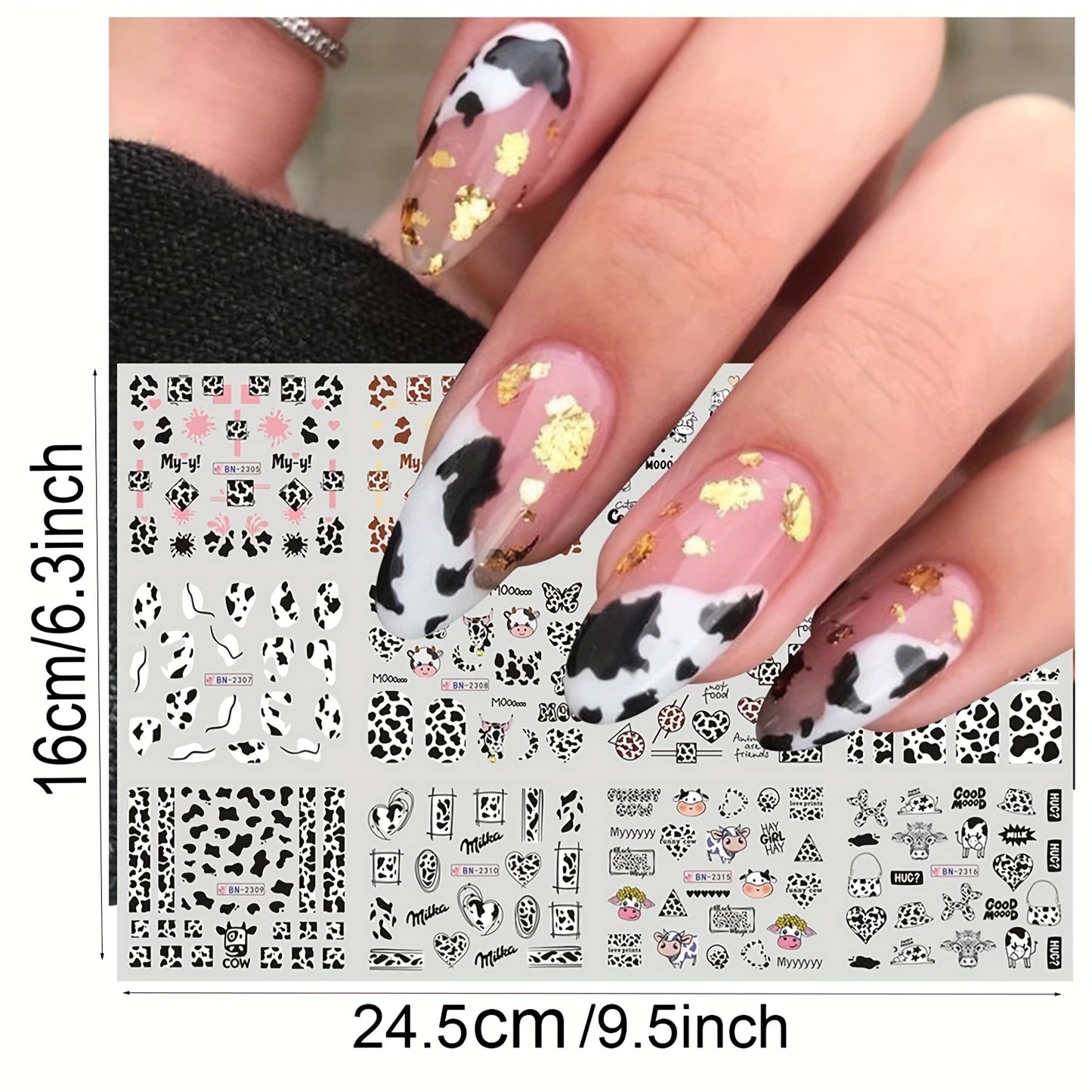 12 Sheets Cow Print Cartoon Nail Stickers Decals - Assorted Animal Patterns, Heart & Leopard Designs - Plastic, Pre-Pasted, Glossy Finish, Embroidered Look - Single Use Nail Art Decorations for Plastic Surfaces