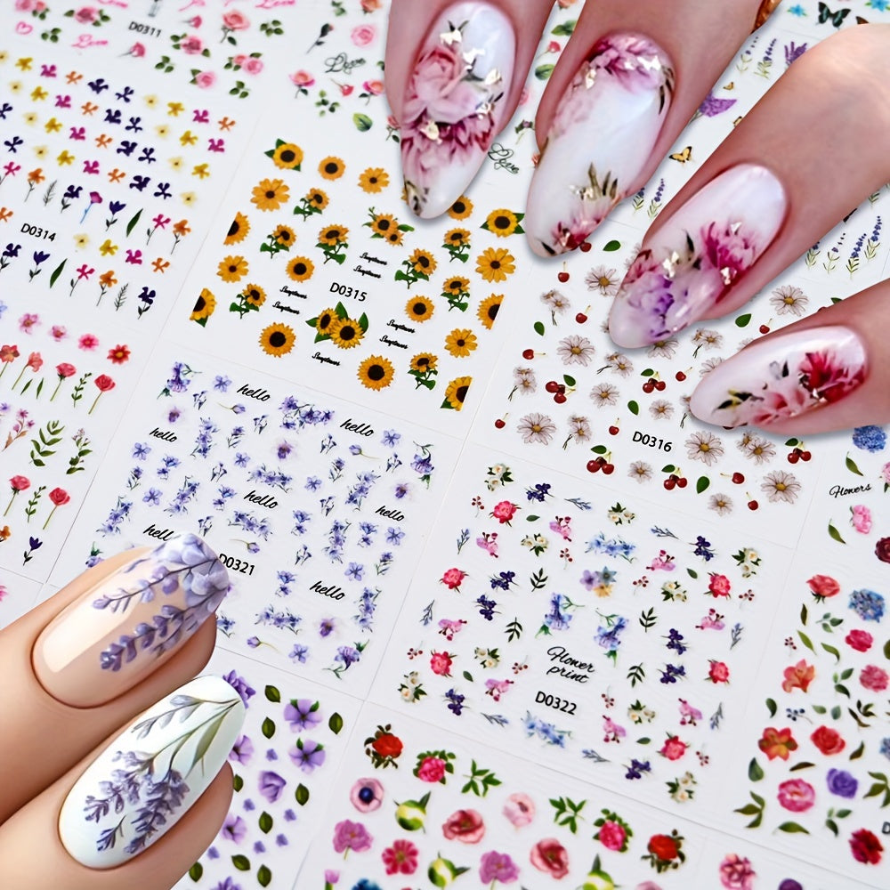 30 Sheets/Set Fashion 3D Flower Nail Stickers Set, Colorful Daisy Flower, Sunflower, Butterfly Design, Self-Adhesive, Sparkle Finish Decals for DIY Manicure