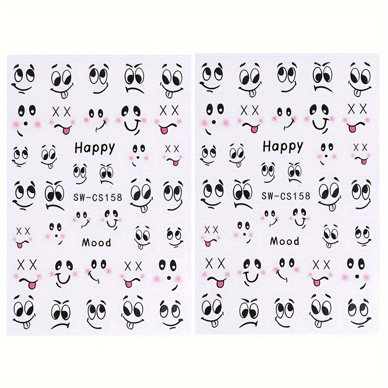 2pcs Whimsical Nail Art Stickers - Cute Cartoon Ants, Mosquitoes & Expressive Faces, Self-Adhesive DIY Decals in Black & White for Fun Manicures, Easy Apply, Single-Use, DIY Nail Art|Whimsical Nail Stickers|Singleuse Stickers, Nail Stickers for Nail Art