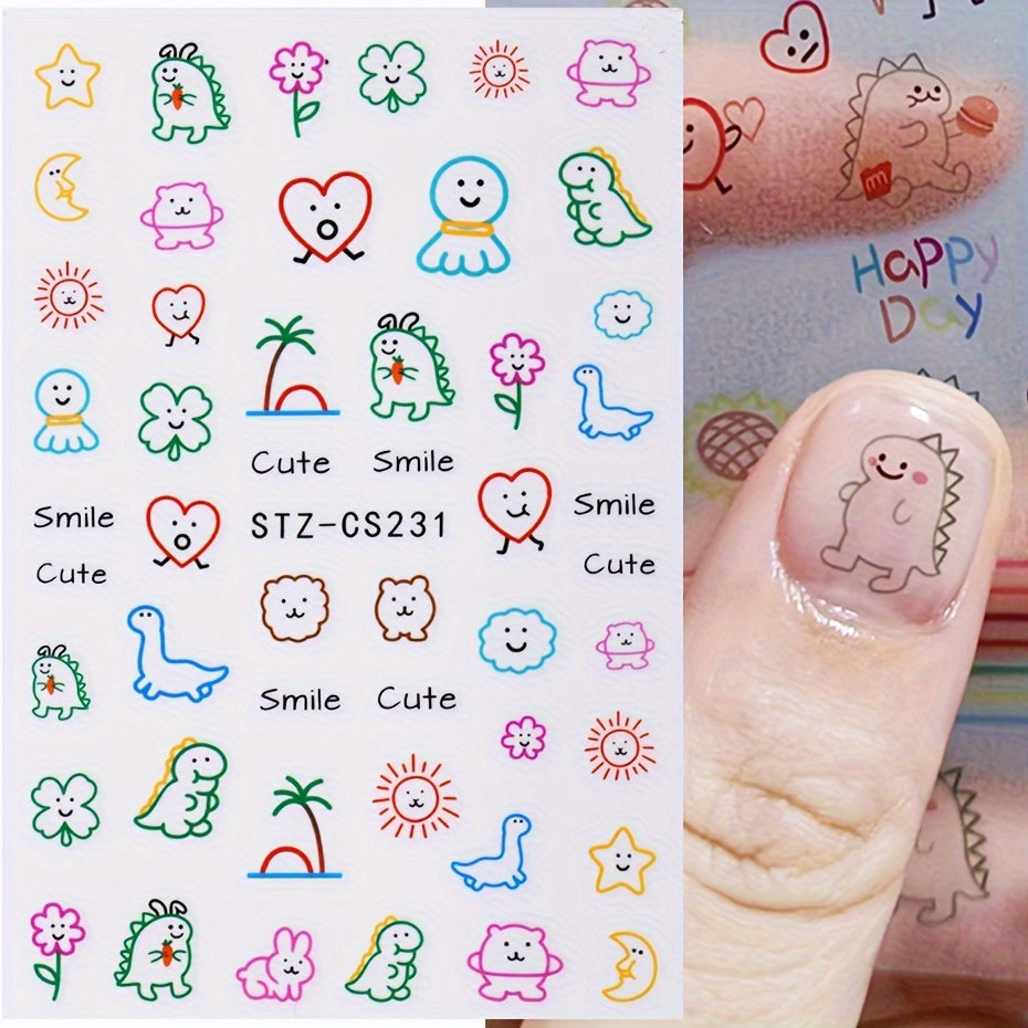 FULL BEAUTY Cartoon Animal Nail Art Stickers - Kawaii Dinosaur & Japanese Style Sun Face Decals, Maple Leaf Manicure Decor, Hypoallergenic Plastic Self-Adhesive Embroidered Single Use Embellishments with Shimmery Finish for Plastic Surfaces