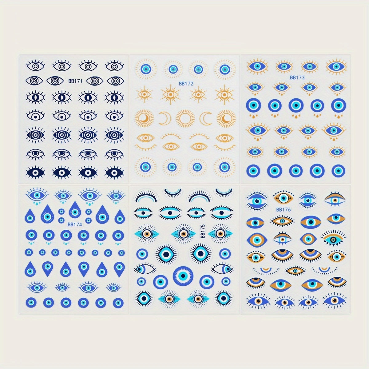 6pcs Cartoon Evil Eye Nail Art Stickers, Self-Adhesive Irregular Shapes, Glossy Surface for Nail Embellishment, DIY Nail Art Decals