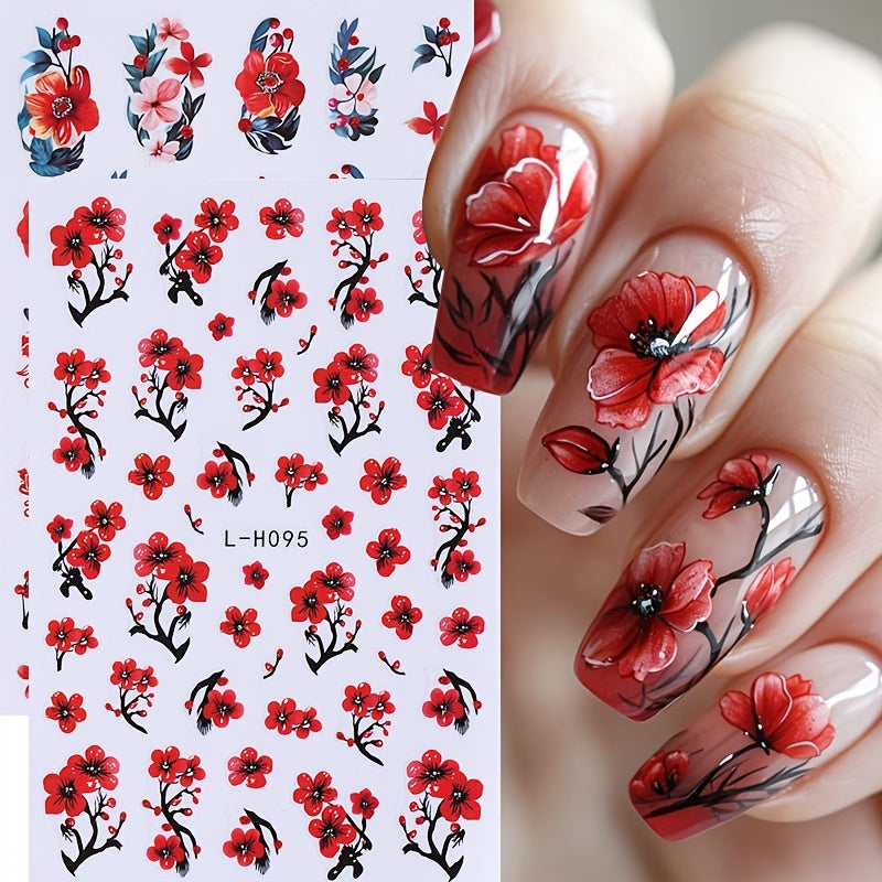 3 Sheets Floral Nail Art Stickers, Red Flowers and Leaves Self-Adhesive Nail Decals, Suitable for DIY Nail Decoration in Spring and Summer, Nail Art Supplies for Women and Girls