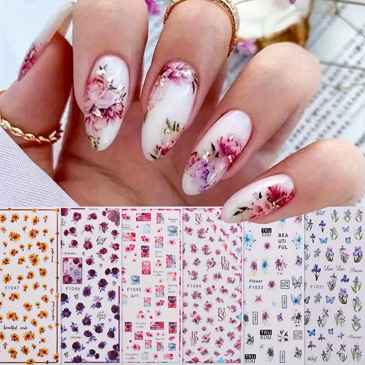 6 Sheets Spring and summer flower nail art stickers self-adhesive decorative tools, flower and butterfly nail art decorative accessories