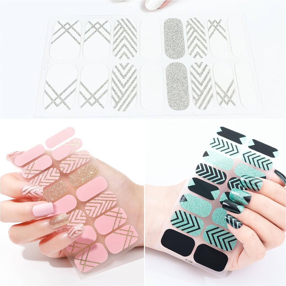 [3pcs Geometric Glitter Nail Decals] 3-Pack Geometric Glitter Nail Decals, Self-Adhesive Plastic Nail Decorations in Pink, Green, White, Fantasy Theme, Oval Shape, Shiny Finish, No Fragrance - Nail Art for All Seasons with Nail File Included