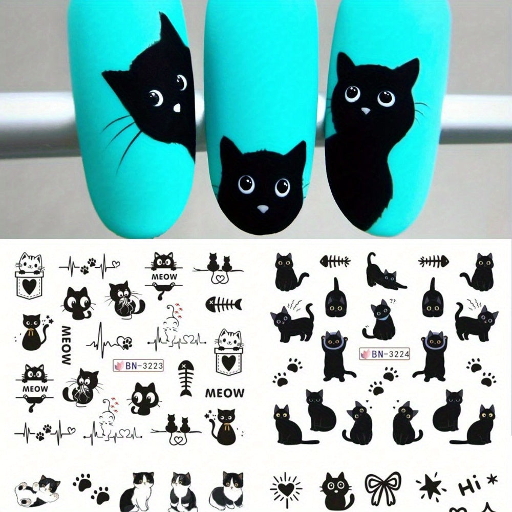 Black Cartoon Animal Pattern, Glossy Surface, Glitter Decoration, Plastic Nail Decoration, Single Use, Cute Cat Nail Stickers and Decals for Plastic Surfaces