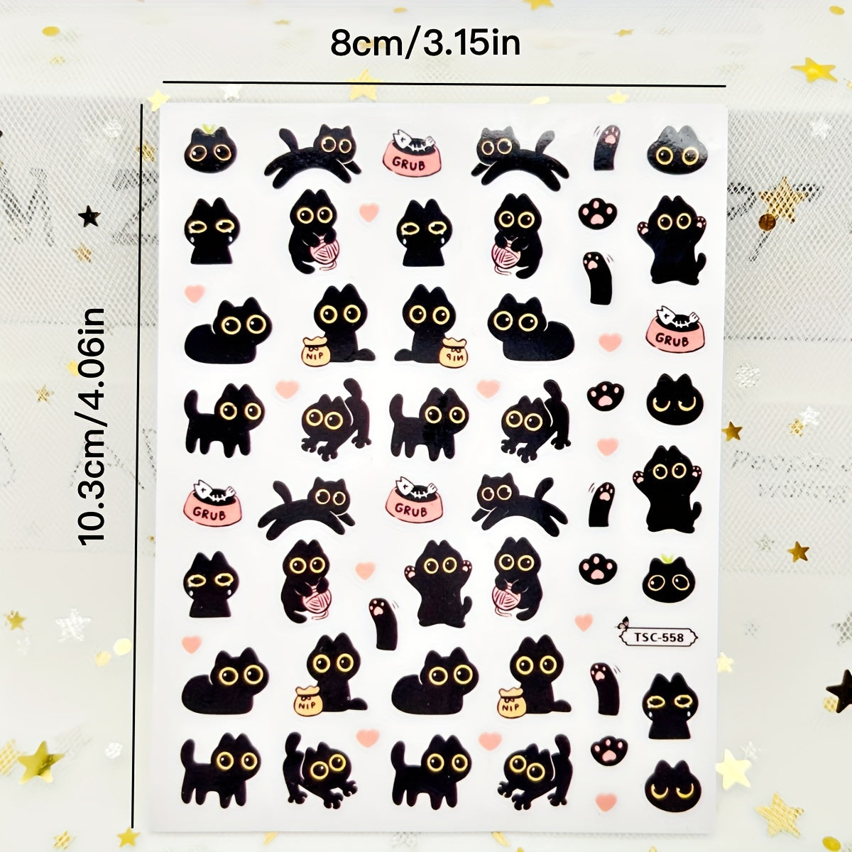 Adorable Cartoon Black Cat Nail Art Stickers Decals Set - Glittery Animal Theme with Irregular Shapes, Pre-Pasted Plastic Nail Embellishments, Shimmery Finish, Single Use - Perfect for DIY Manicure Decor