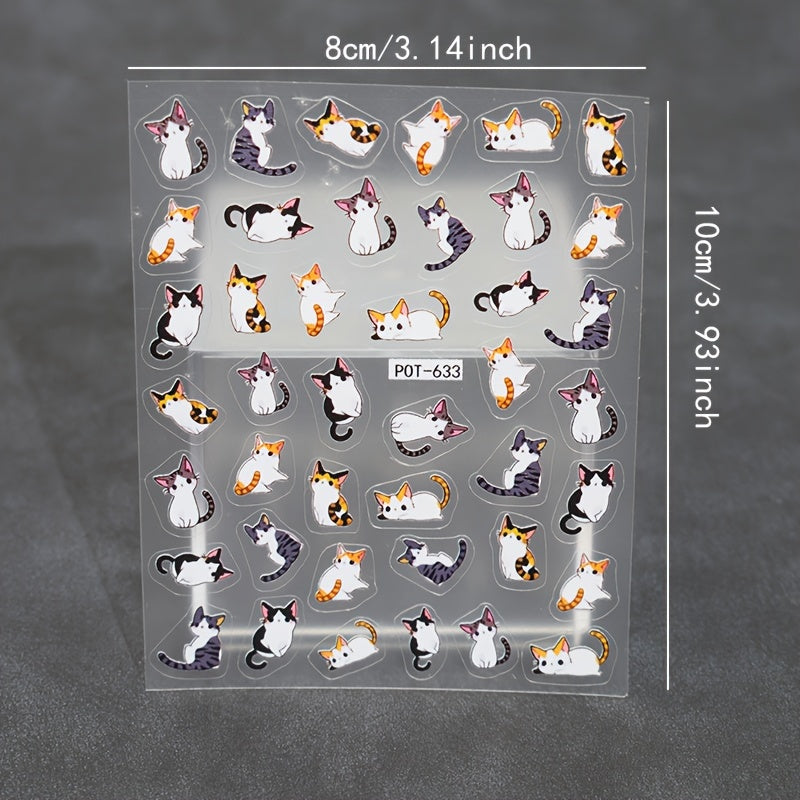 2pcs 5D Embossed Cute Cartoon Cat Nail Art Stickers - Colorful Animal Designs for DIY or Salon, Self-Adhesive Decals for Women's Party Looks & Gifts