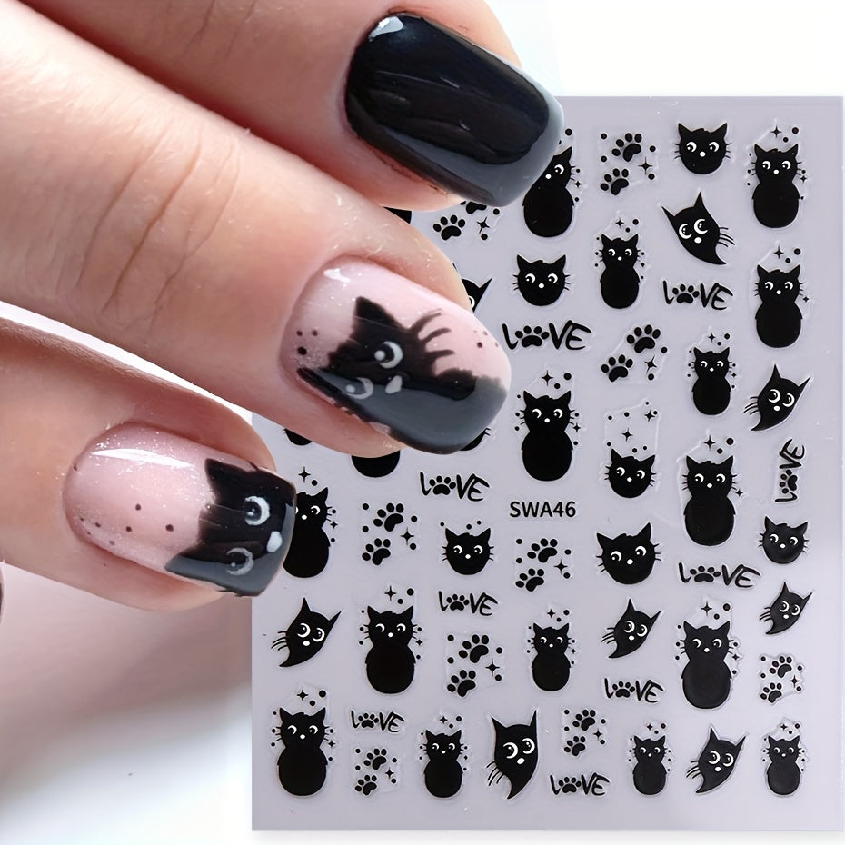 2pcs Cute Black Cat & Fishbone Nail Art Stickers - 5D Embossed, Self-Adhesive Decals with Sparkle Finish for DIY Manicure, Perfect for Women and Girls, DIY Nail Art | Playful Nail Stickers | Glossy Finish, Nail Stickers for Nails