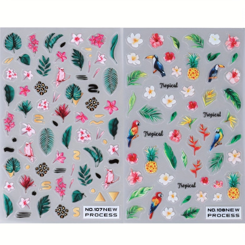 2pcs Tropical Bird and Flower Nail Art Stickers - Parrot, Crow, Blossom, Pineapple Designs with Withered Leaves - Self-Adhesive Plastic Manicure Decals for Summer