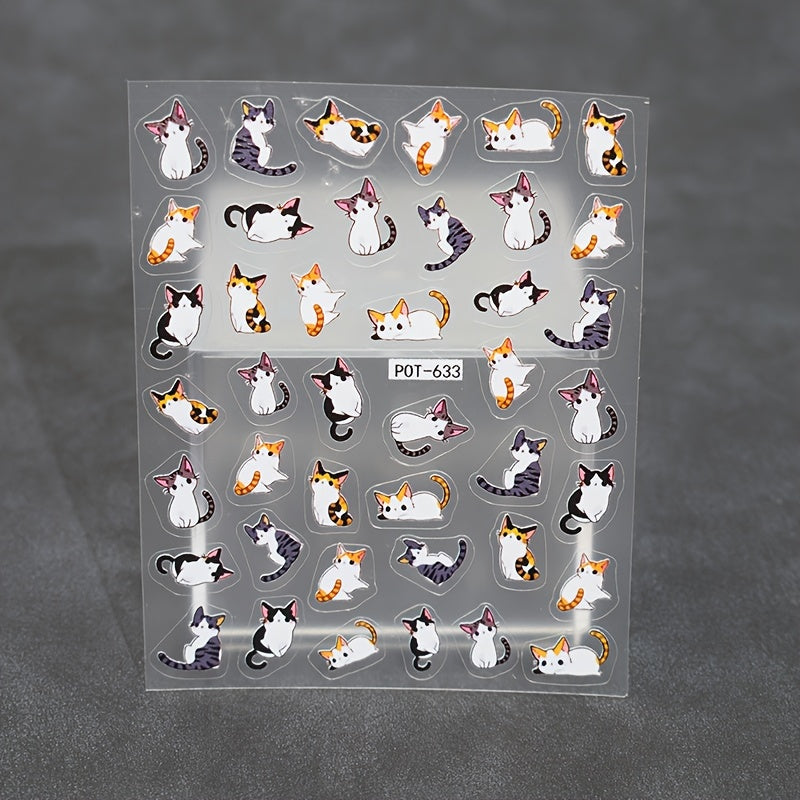 2pcs 5D Embossed Cute Cartoon Cat Nail Art Stickers - Colorful Animal Designs for DIY or Salon, Self-Adhesive Decals for Women's Party Looks & Gifts